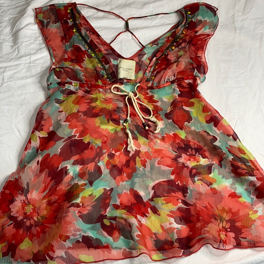 Gilly Hicks Crepe Floral Beaded Flowy Top